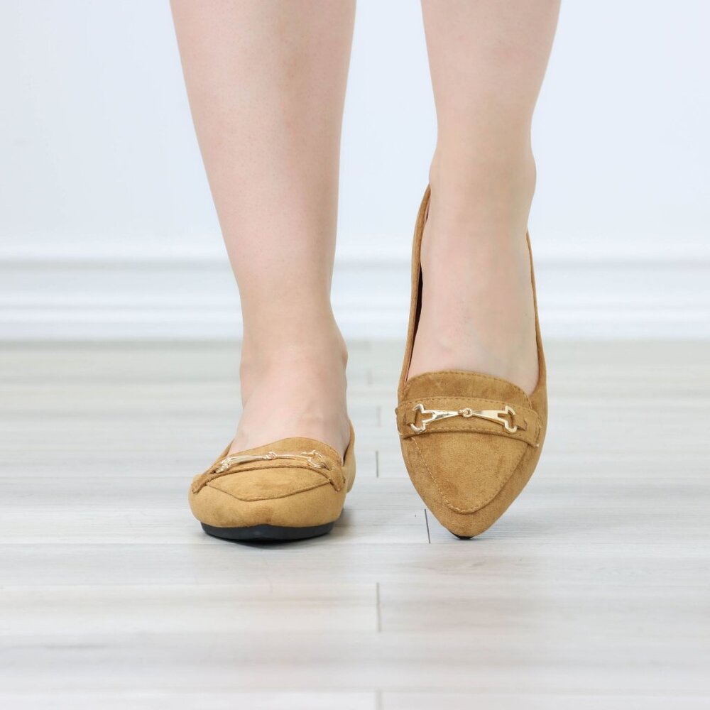 Tan Faux Suede Loafers Pointed Toe Gold Horsebit Slip-On Flats - Picture 2 of 13